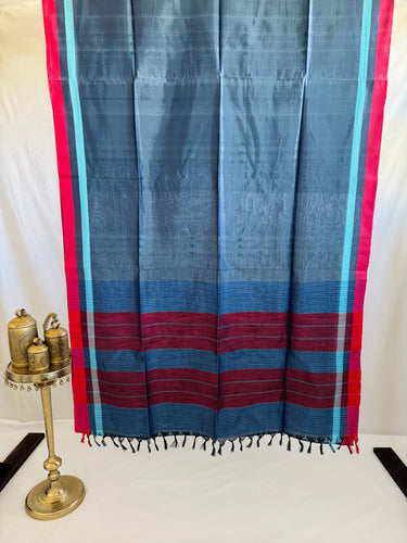 ShopNaya Exclusive | Handwoven | Pure Cotton Saree | Jamdani Weave | No Blouse | Metallic Blue Gray | Thread Work | Handloom Mark | Ships from California
